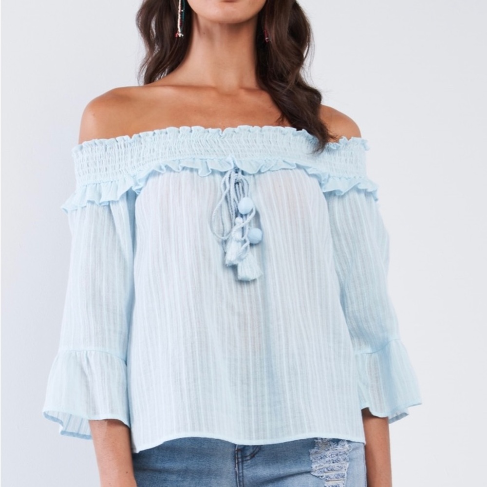 Light Blue Off-The-Shoulder Frill Shoulder Hem Wide